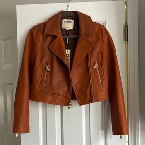 L'AGENCE Tan Leather Motorcycle Jacket with Structured Shoulders